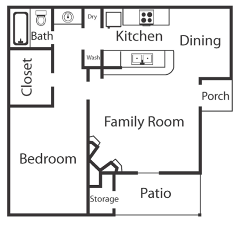 Floor plan for 1 bed, 1 bath, 680 sqft